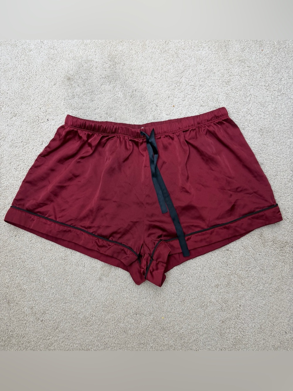 EKOUAER Women’s XL Burgundy Satin Pajama Sleep Shorts Black Trim Drawstring